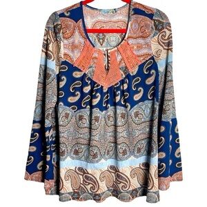 Unity World Woman’s Blue Peach Long Sleeve Paisley Blouse Size L